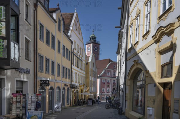 Historic houses in the Marktgasse, behind the town hall tower, Eichstätt, Upper Bavaria, Germany