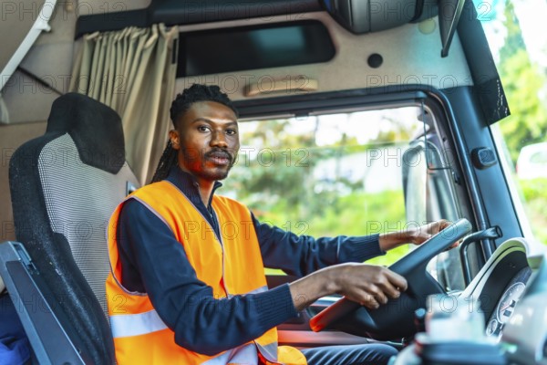 View from inside the vehicle of an african male young worker driving a distribution lorry