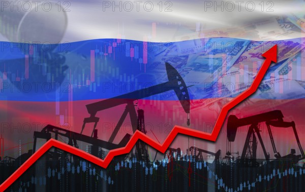 Oil pumps with Russia flag on economic graph. Oil production with Russia flag, petrol industry