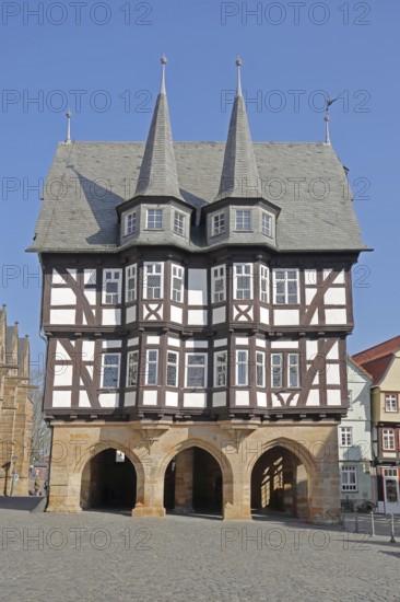 Historic town hall built in 1516 with turrets and decorations, market square, Alsfeld, Vogelsberg, Hesse, Germany