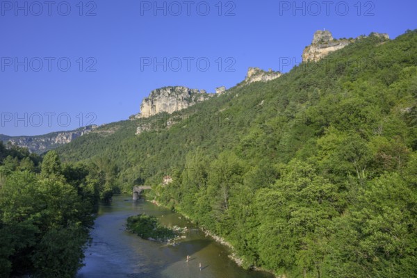 View of Tarn river with old bridge, Le Rozier, Département Lozère, France