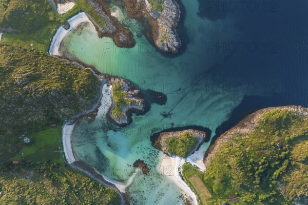 Aerial view of the coast of the island of Skrova, beaches and turquoise water, Lofoten, Norway