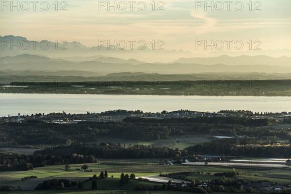 View of Lake Constance and the Swiss Alps from the Gehrenberg, sunset, Markdorf, Lake Constance, Baden-Württemberg, Germany
