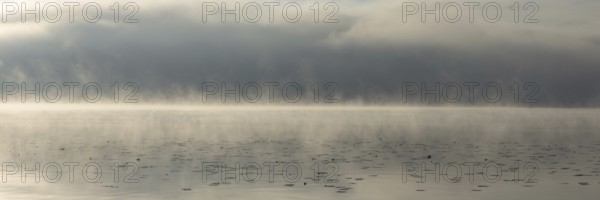 Sunrise with early morning fog at Lake Hopfensee near Füssen, Ostallgäu, Allgäu, Upper Swabia, Swabia, Bavaria, Germany