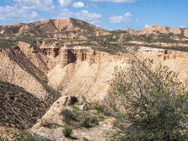 View over the Gorafe desert, colorful canyons, rock formations, Gorafe Desert, UNESCO Granada Geopark, Granada province, Andalusia, Spain