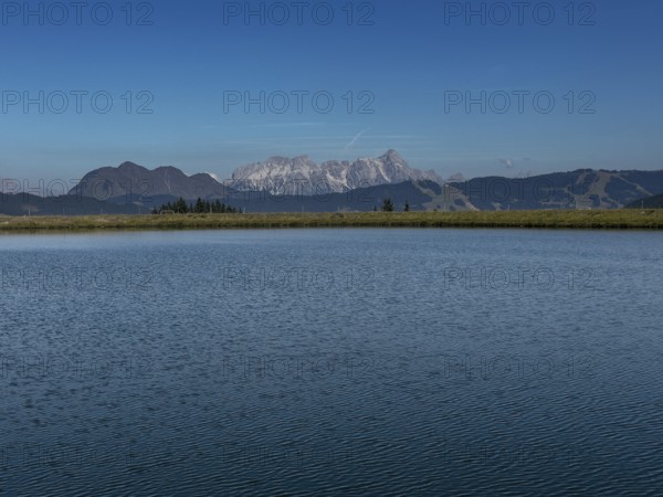 Tyrolean mountains near Saalbach-Hinterglemm, view over the Zwölferkogel reservoir, behind Leonganger Steinberge, highest peak Birnhorn at 2, 634 metres, Tyrol, Austria