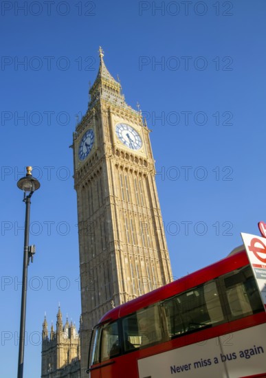 Clock tower, Big Ben, Elizabeth Tower, Houses of Parliament, Westminster, London, England, UK red double decker bus