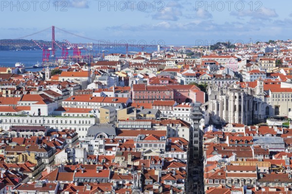 View over Lisbon, Santa Justa lift and The Church and Convent of Our Lady of Mount Carmel, Portugal