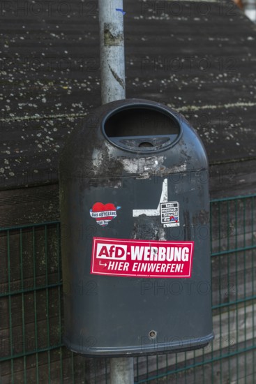 Sticker on a rubbish bin against the AfD, AfD advertising here, parties for the 2025 federal election, Kiel, Germany