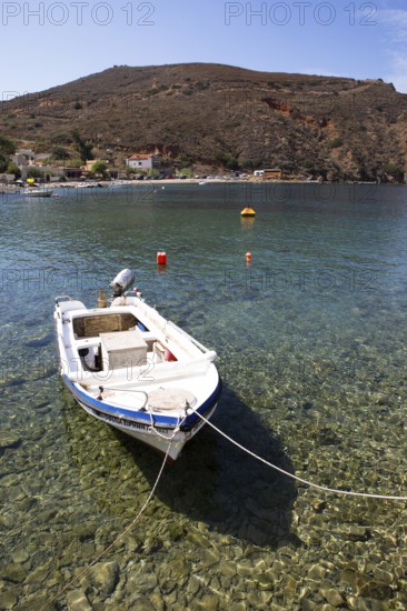 Motorboat in Porto Kagio on the Laconian Gulf, Mani, Laconia, Peloponnese, Greece