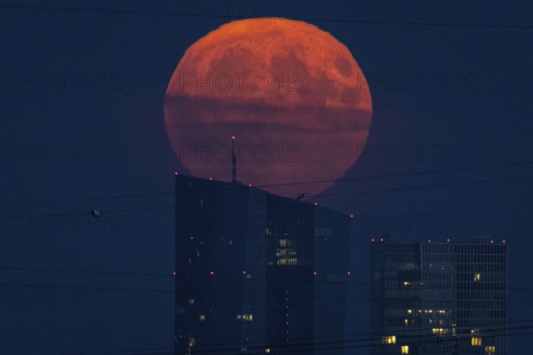 The full moon rises over the European Central Bank (ECB) in Frankfurt am Main, Frankfurt, Hesse, Germany