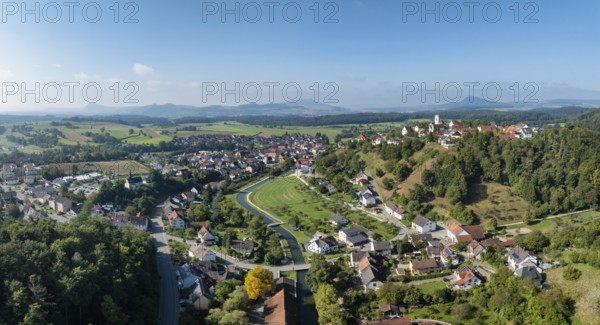 Aerial view, panorama of the town of Aach in Hegau, with the Radolfzeller Aach, which flows into Lake Constance, on the horizon the Hegau mountains, district of Constance, Baden-Württemberg, Germany