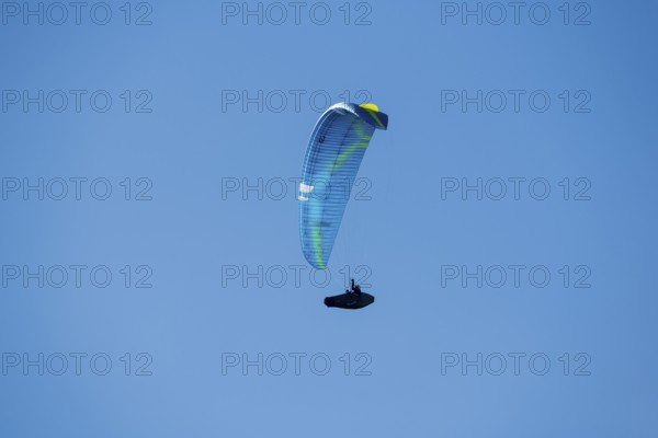 A paraglider soars through a clear blue sky that promises adventure and freedom, Schwangau near Füssen, Ostallgäu district, Swabia, Bavaria, Germany