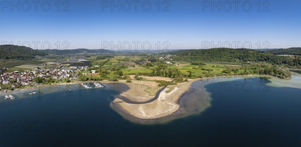Aerial view, panorama of the mouth of the Stockacher Aach at low water, which flows into Lake Überlingen. The sedimentation of the suspended matter and sediment carried by the tributary gradually silts up the shore zone near Bodman-Ludwigshafen. Lake Constance, district of Constance, Baden-Württemberg, Germany