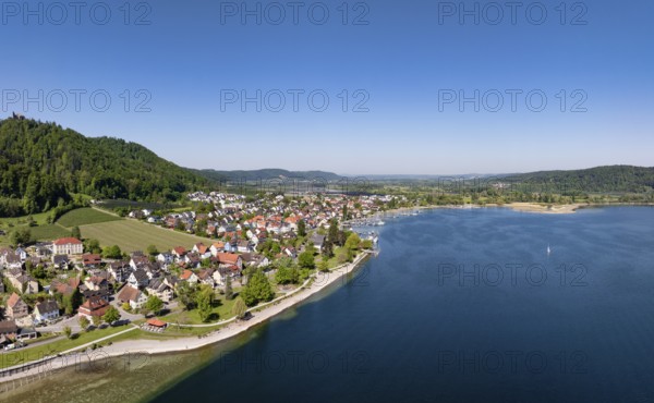 Aerial view, panorama of Lake Constance with the village of Bodman, Bodman-Ludwigshafen, district of Constance, Baden-Württemberg, Germany