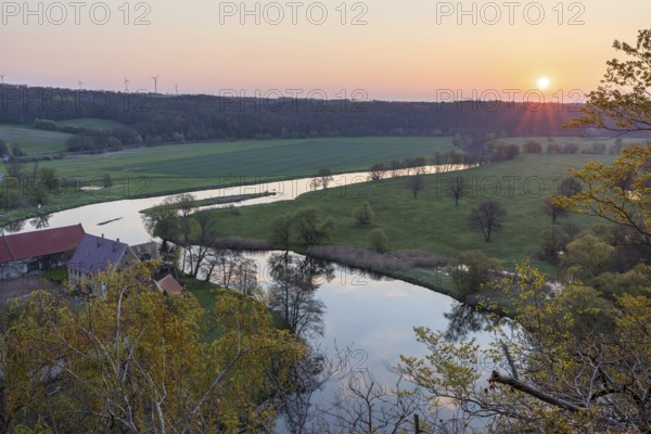 Sunrise in the Mulde Valley with Freiberger Mulde and Buch Monastery, Leisnig, Saxony, Germany