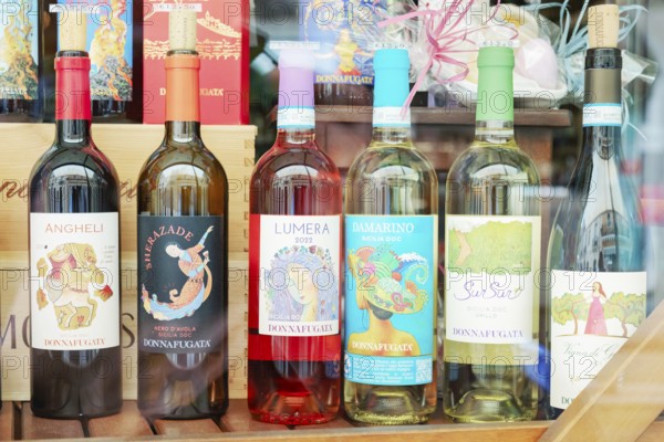 Sicilian wine bottles on display, Taormina, Sicily, Italy
