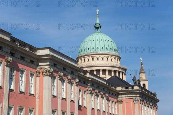 Historic building and magnificent domed building under a cloudless sky, City Palace and State Parliament, St. Nikolai Church, Potsdam, Brandenburg, Germany