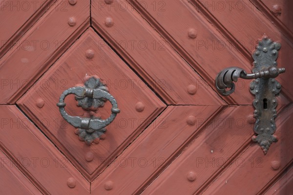 Historic door knocker and door lock on the Probstenhof Tor tor, late baroque, Zeil am Main, Lower Franconia, Bavaria, Germany