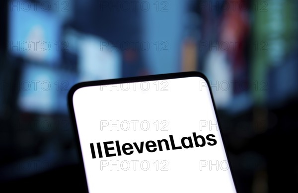 Elevenlabs logo is displayed on smartphone. ElevenLabs is a software company