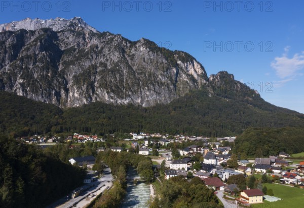 Drone shot, Untersberg, view of the village with pilgrimage church, Sankt Leonhard, Grödig, Salzburg province, Austria
