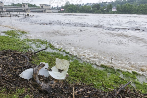 Symbolic image extreme weather, global warming, climate change, environmental pollution, plastic waste, microplastic, flood, washed up wood, barrage on the Neckar river, Aldingen, Baden-Württemberg, Germany