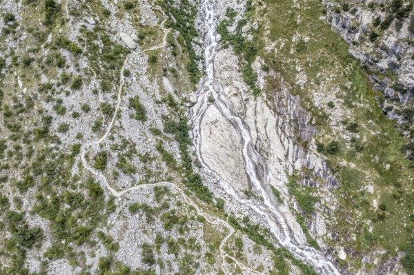 Aerial view, glacial stream flows around a large rock, hiking path from La Fouly to Cabane de Neuve, Valley Val Ferret, Valais, Wallis, Switzerland