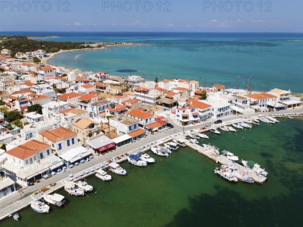 Drone shot, harbour, town of Elafonisos, Elafonisos, Deer Island, Laconia, Peloponnese, Ionian Islands, Ionian Sea, Greece