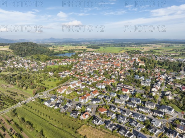 Aerial view of the municipality of Steißlingen, on the horizon the Hegauberge, district of Constance, Baden-Württemberg, Germany