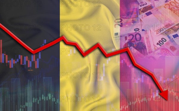 Financial fall of Belgium on economy market. Belgium financial crisis on economic graph