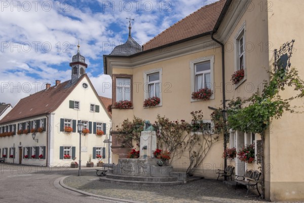Klingenmünster with the August Becker Monument, on the left the birthplace of the writer August Becker, Southern Palatinate, Palatinate, Rhineland-Palatinate, Germany