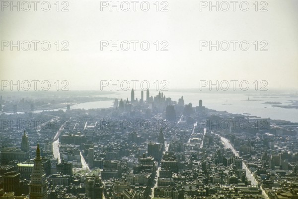 View from the Empire State Building to the skyscraper of Lower Manhattan, New York, NY State, USA around 1953