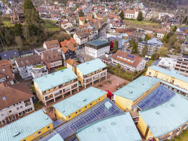 Overview of a residential area with colourful roofs and hills in a small town, Bad Liebenzell, district of Calw, Germany