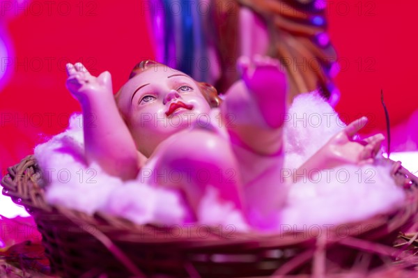 Nativity depicting the birth the baby Jesus on the Christmas eve, at a Church on December 24, 2023 in Guwahati, India. Christmas is a festive holiday celebrated on December 25th, marking the birth of Jesus Christ in Christian tradition.