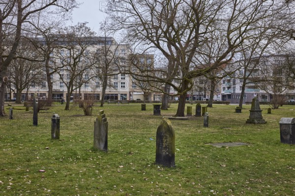 Old St. Nikolai Cemetery, historic cemetery, old gravestones, lawn, bare winter trees, cloudy, Postkamp, Hanover, state capital, Hanover region, Lower Saxony, Germany