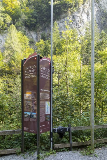 Information board on the Unesco World Heritage Site in the Old Pfäfers Baths in the Tamina Gorge, Bad Pfäfers, St. Gallen, Switzerland