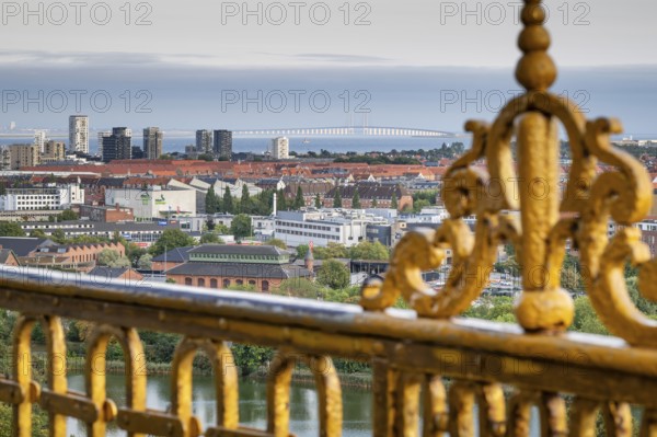 View from the tower of Vor Frelsers Kirke to the island of Amager, the Öresund Bridge or Øresundsbron and Malmö, Copenhagen, Denmark