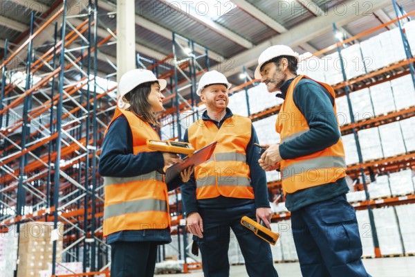Warehouse workers wearing safety vests and helmets are discussing logistics, using barcode scanners and clipboards, inside a large distribution center