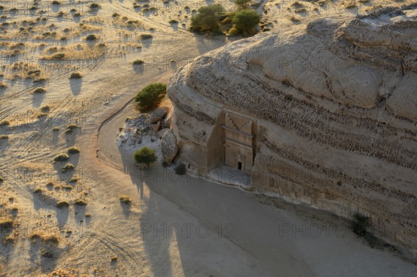 Nabataean tomb at the rock Qasr Al-Bint, blue hour, Hegra or Madain Salih, AlUla region, Medina province, Saudi Arabia, Arabian Peninsula