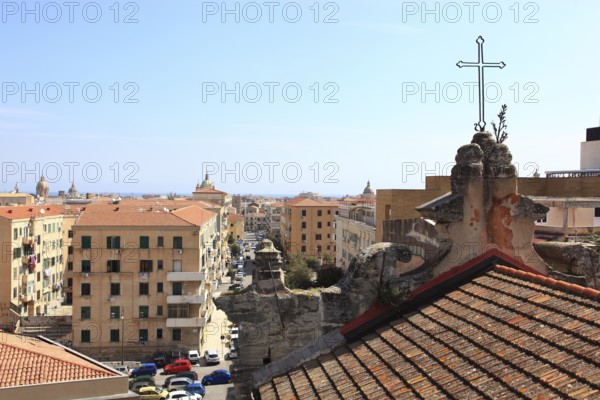 City of Palermo, view from the Campanile di San Giuseppe Cafasso to the cross of the Chiesa San Giovanni degli Eremiti and the city, Sicily, Italy