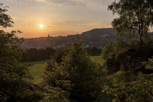 View of the sunrise over Annaberg-Buchholz, Erzgebirge, Saxony, Germany from the Teufelskanzel (Devil's Pulpit)