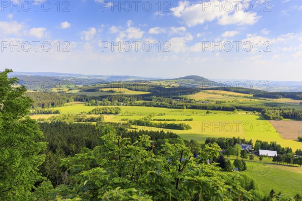 Schneiderfelsen viewpoint with views of the Pöhlberg and Annaberg-Buchholz, Erzgebirge, Saxony, Germany