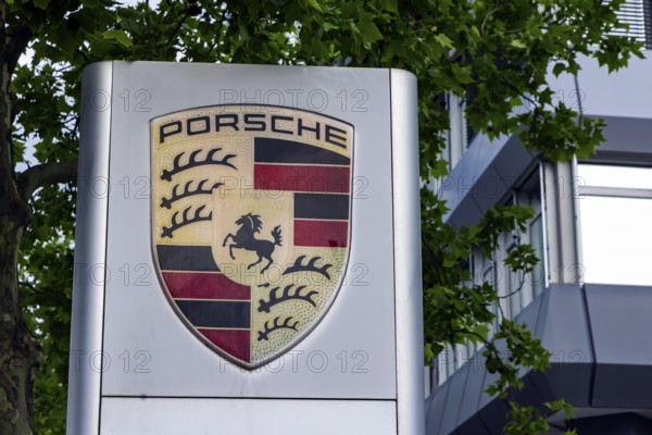Porsche headquarters at Porscheplatz in Zuffenhausen. Logo of the sports car manufacturer. Stuttgart, Baden-Württemberg, Germany