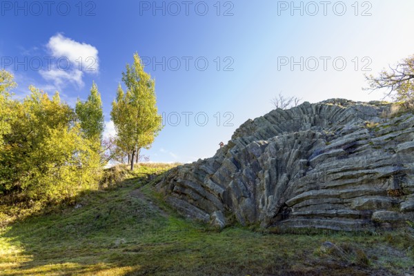 Exposed basalt columns from volcanic times, the so-called palm frond, Hirtstein, Marienberg, Erzgebirge, Saxony, Germany