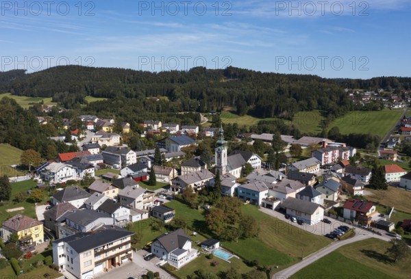 Drone image, view of the village with parish church, Ampflwang im Hausruckwald, Hausruckviertel, Upper Austria, Austria