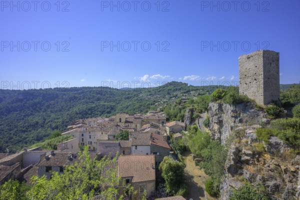 View of the old town and tower from the Belvedere, Châteaudouble, Département Var, France