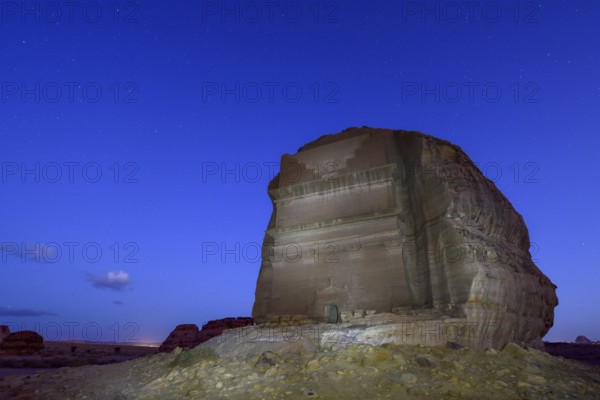 Qasr Al-Farid, 2000 year old Nabataean tomb, blue hour, Hegra or Mada'in Salih, AlUla region, Medina province, Saudi Arabia, Arabian Peninsula