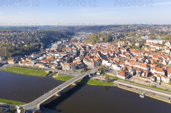 Aerial view of the city, old Elbe bridge, Elbe and old town with Church of Our Lady, in the background the Triebisch valley, Meissen, Saxony, Germany