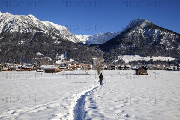 Winter landscape, snowy landscape, view of Oberstdorf, behind Gaisalphorn, Geißfuß, Nebelhorn, Schattenberg, Oberallgäu, Allgäu, Bavaria, Germany