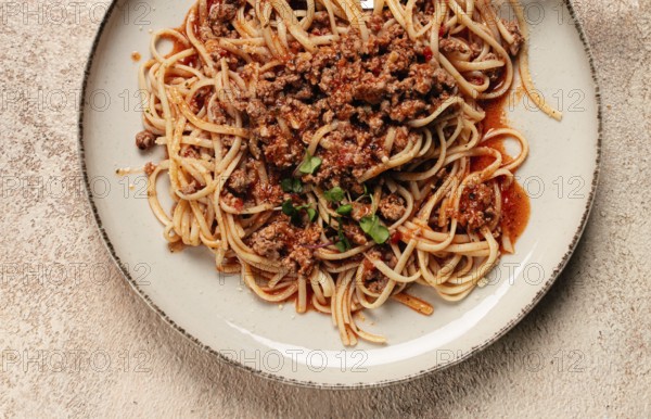 Spaghetti Bolognese, top view, close-up, without people, homemade